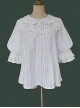 Classic Lolita Cotton Vertical Stripes Pleated Lace Trim Doll Neckline Bow Knot Decoration Flared Sleeve Blouse