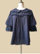 Classic Lolita Cotton Vertical Stripes Pleated Lace Trim Doll Neckline Bow Knot Decoration Flared Sleeve Blouse