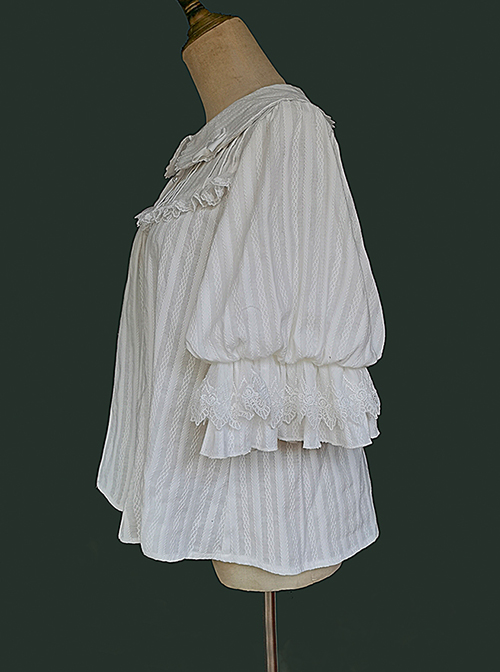 Classic Lolita Cotton Vertical Stripes Pleated Lace Trim Doll Neckline Bow Knot Decoration Flared Sleeve Blouse