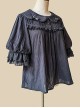 Classic Lolita Cotton Vertical Stripes Pleated Lace Trim Doll Neckline Bow Knot Decoration Flared Sleeve Blouse