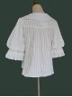 Classic Lolita Cotton Vertical Stripes Pleated Lace Trim Doll Neckline Bow Knot Decoration Flared Sleeve Blouse