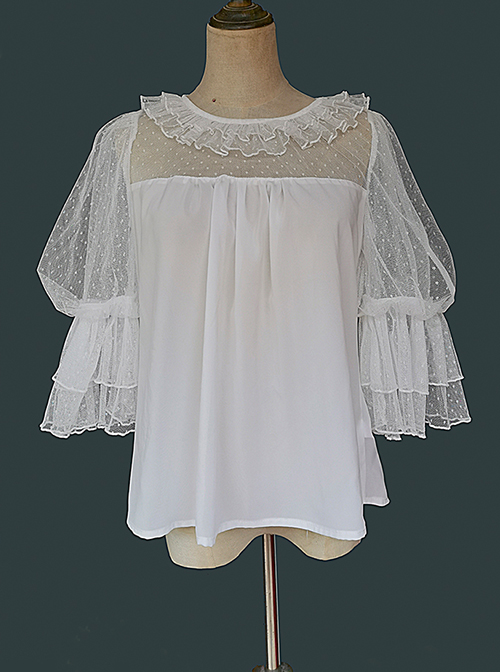 Loose And Comfortable Regular Lace Pleated Ruffled Neckline Design Double Lace Short Sleeves Classic Lolita Blouse