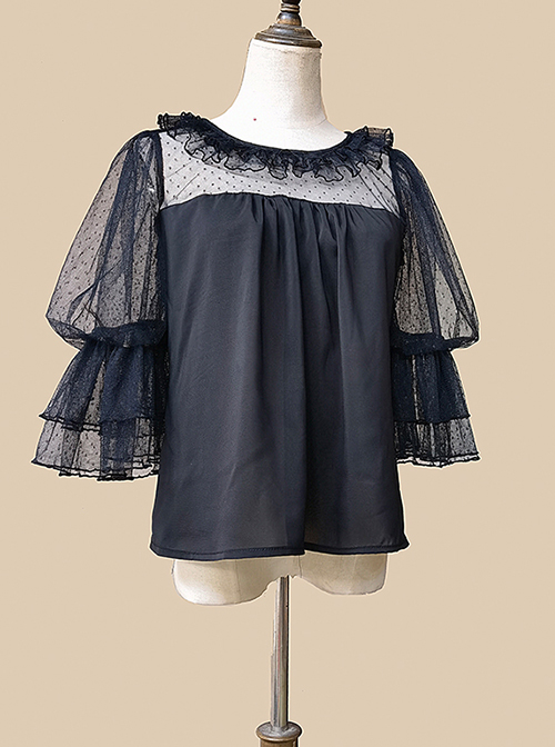 Loose And Comfortable Regular Lace Pleated Ruffled Neckline Design Double Lace Short Sleeves Classic Lolita Blouse