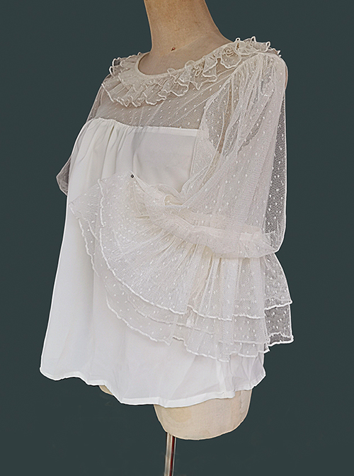 Loose And Comfortable Regular Lace Pleated Ruffled Neckline Design Double Lace Short Sleeves Classic Lolita Blouse