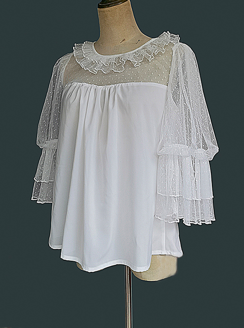 Loose And Comfortable Regular Lace Pleated Ruffled Neckline Design Double Lace Short Sleeves Classic Lolita Blouse