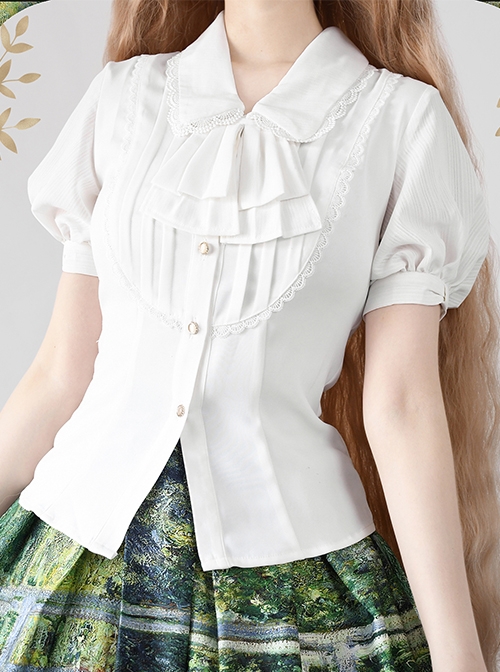 Elegant Double Pleated Vintage Neckline Classic Lolita Puff Sleeves White Slim Fit Blouse