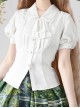 Elegant Double Pleated Vintage Neckline Classic Lolita Puff Sleeves White Slim Fit Blouse