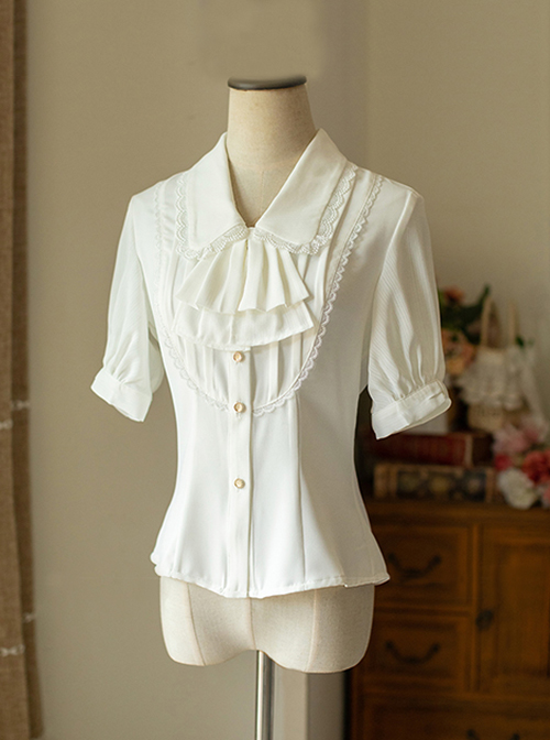 Elegant Double Pleated Vintage Neckline Classic Lolita Puff Sleeves White Slim Fit Blouse