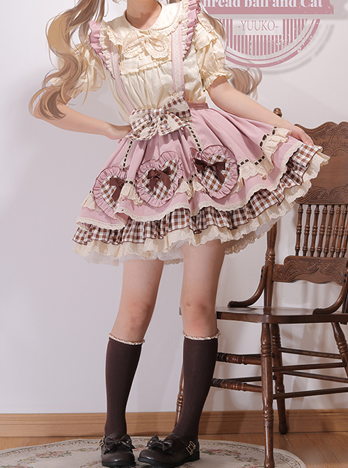 Cute Heart Shape Bow Knot Decoration Check Pleated Hem Classic Lolita Suspender Skirt