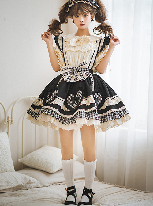 Cute Heart Shape Bow Knot Decoration Check Pleated Hem Classic Lolita Suspender Skirt