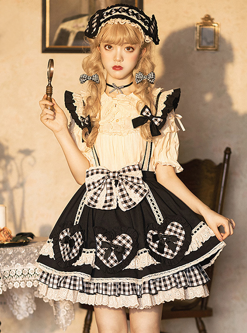 Cute Heart Shape Bow Knot Decoration Check Pleated Hem Classic Lolita Suspender Skirt