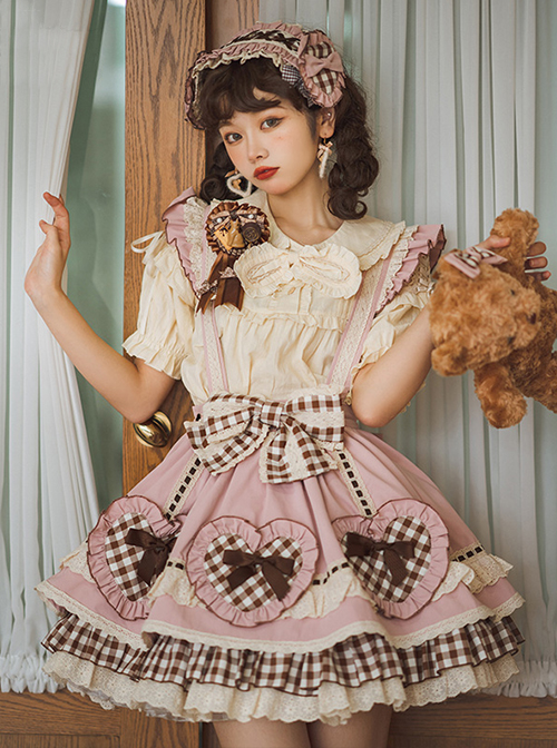 Cute Heart Shape Bow Knot Decoration Check Pleated Hem Classic Lolita Suspender Skirt