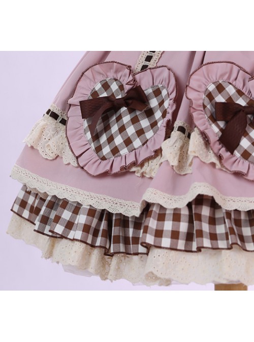 Cute Heart Shape Bow Knot Decoration Check Pleated Hem Classic Lolita Suspender Skirt