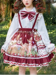 Cherry Fawn Series Sweet Cartoon Print Deer Pattern Decoration Hem Cherry Print Classic Lolita Red Strap Skirt