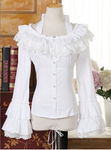 Classic Lolita Solid Pleated Ruffle Jacquard Lace Doll Neckline Halter Design Flared Long Sleeves Slim Blouse