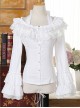 Classic Lolita Solid Pleated Ruffle Jacquard Lace Doll Neckline Halter Design Flared Long Sleeves Slim Blouse