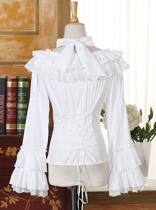 Classic Lolita Solid Pleated Ruffle Jacquard Lace Doll Neckline Halter Design Flared Long Sleeves Slim Blouse