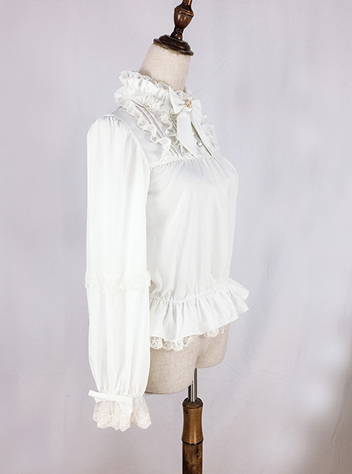 Retro Court Style Pleated Lace Stand Collar Design Bow Knot Ruffled Ruched Long Sleeves Classic Lolita Chiffon Shirt