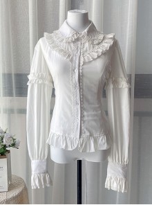 Delicately Pleated Ruffled Doll Neck Design Chiffon Court Style Slim Fit Classic Lolita White Long Sleeve Blouse