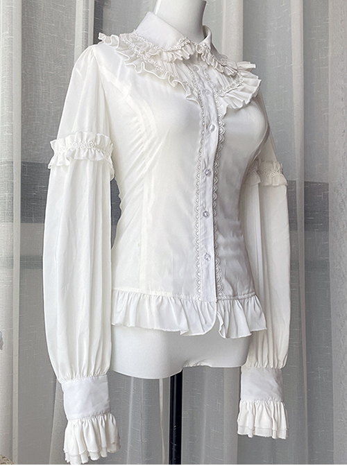 Delicately Pleated Ruffled Doll Neck Design Chiffon Court Style Slim Fit Classic Lolita White Long Sleeve Blouse