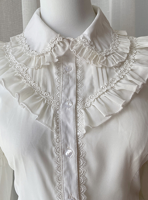 Delicately Pleated Ruffled Doll Neck Design Chiffon Court Style Slim Fit Classic Lolita White Long Sleeve Blouse