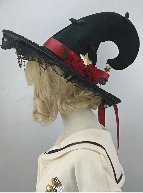 Halloween Punk Style Metal Star Spider Decoration Three-Dimensional Silk Rose Devil Wings Lolita Suede Witch Hat