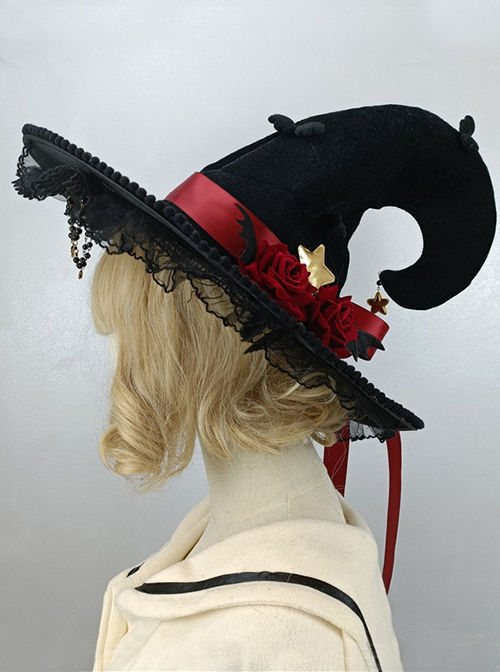 Halloween Punk Style Metal Star Spider Decoration Three-Dimensional Silk Rose Devil Wings Lolita Suede Witch Hat