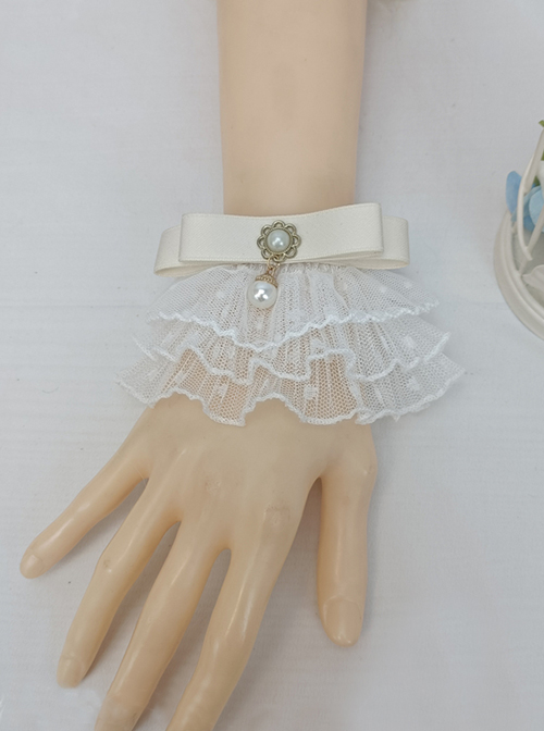 Sweet Pearls Embellished Multi-Layered White Lace Folds Classic Lolita Wrist Straps