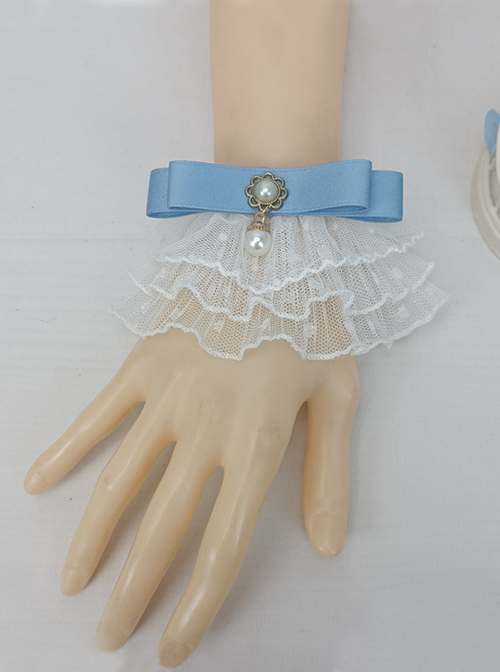 Sweet Pearls Embellished Multi-Layered White Lace Folds Classic Lolita Wrist Straps
