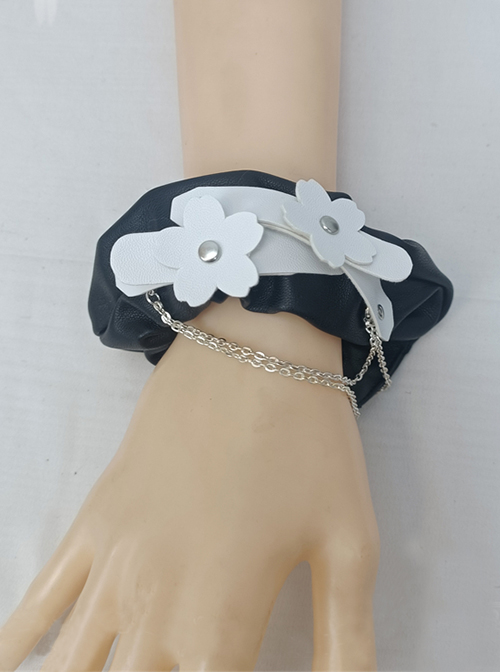 Dark Lolita Leather Flower Cut Design Metal Chain Decoration Classic Lolita Wrist Straps