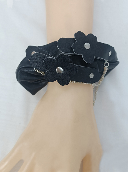 Dark Lolita Leather Flower Cut Design Metal Chain Decoration Classic Lolita Wrist Straps