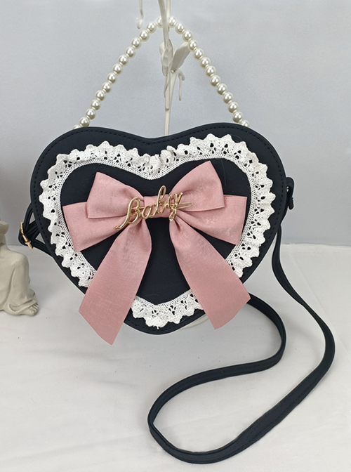 Cute Big Bow Knot Metal Letter Heart Shape Lace Decoration Classic Lolita Heart Pearl Chain Shoulder Bag