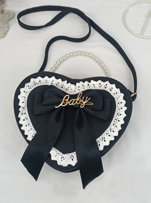 Cute Big Bow Knot Metal Letter Heart Shape Lace Decoration Classic Lolita Heart Pearl Chain Shoulder Bag