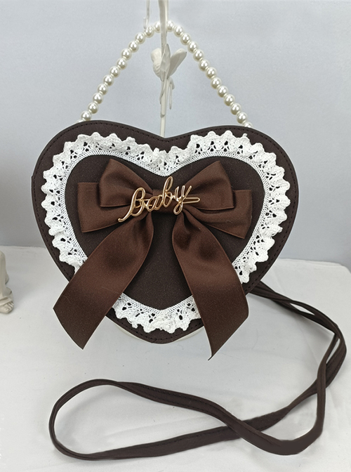 Cute Big Bow Knot Metal Letter Heart Shape Lace Decoration Classic Lolita Heart Pearl Chain Shoulder Bag