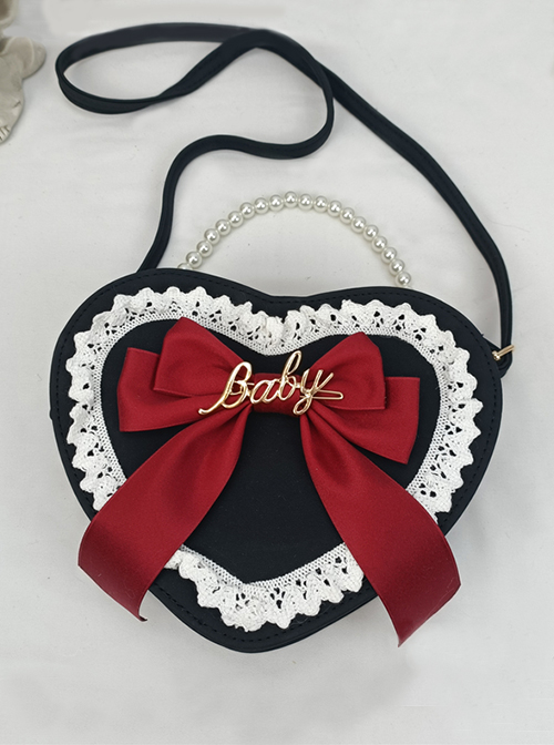 Cute Big Bow Knot Metal Letter Heart Shape Lace Decoration Classic Lolita Heart Pearl Chain Shoulder Bag