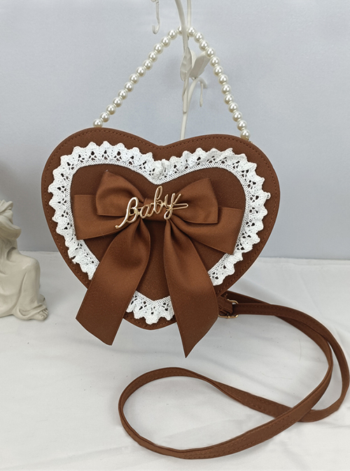 Cute Big Bow Knot Metal Letter Heart Shape Lace Decoration Classic Lolita Heart Pearl Chain Shoulder Bag