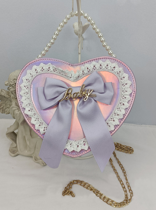 Cute Big Bow Knot Metal Letter Heart Shape Lace Decoration Classic Lolita Heart Pearl Chain Shoulder Bag