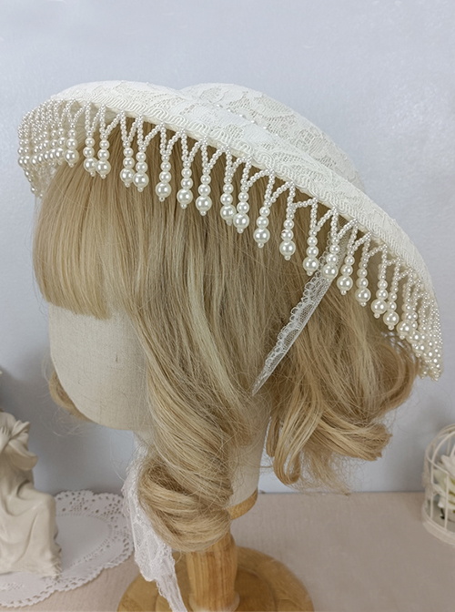 Dome Ornate Pearl Pendant Jacquard Lace Trim Elegant White Three-Dimensional Rose Decoration Classic Lolita Hat