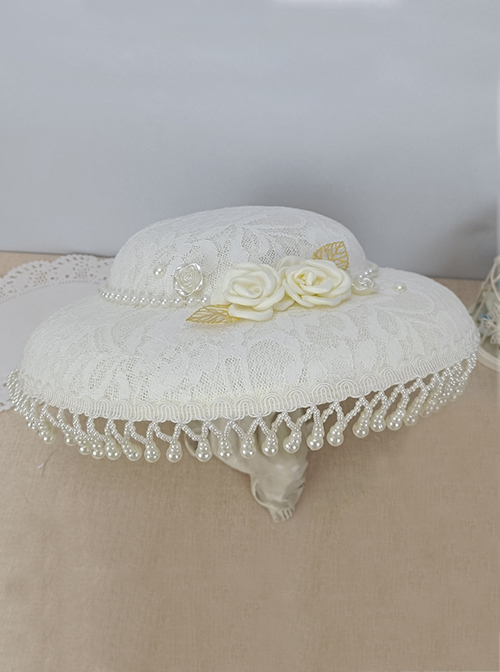 Dome Ornate Pearl Pendant Jacquard Lace Trim Elegant White Three-Dimensional Rose Decoration Classic Lolita Hat