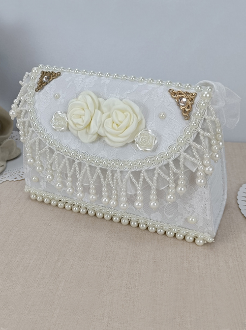 Classic Lolita Ornate Pearl Pendant Jacquard Lace Trim Elegant White Three-Dimensional Rose Decoration Temperament Square Bag