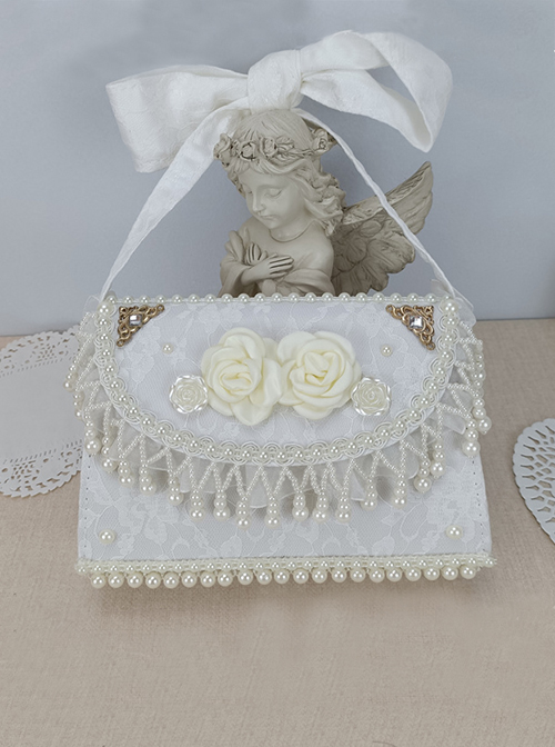 Classic Lolita Ornate Pearl Pendant Jacquard Lace Trim Elegant White Three-Dimensional Rose Decoration Temperament Square Bag