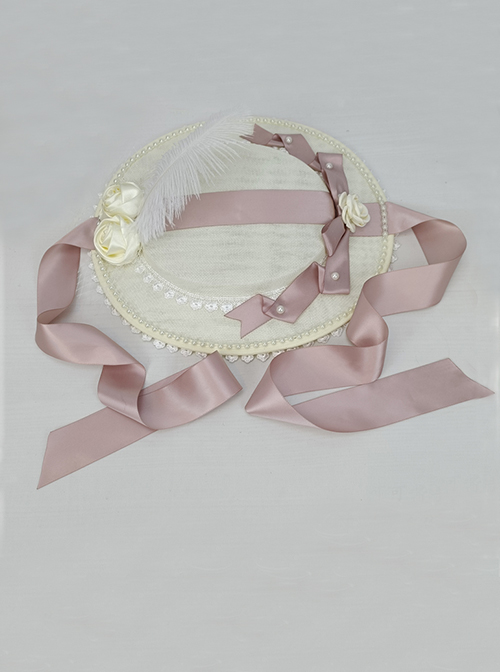 Elegant Pearl Lace Edge Three-Dimensional Rose Decoration Pink Bow Knot Classic Lolita Lace Flat Cap