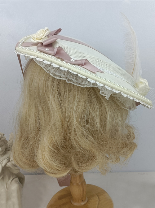 Elegant Pearl Lace Edge Three-Dimensional Rose Decoration Pink Bow Knot Classic Lolita Lace Flat Cap