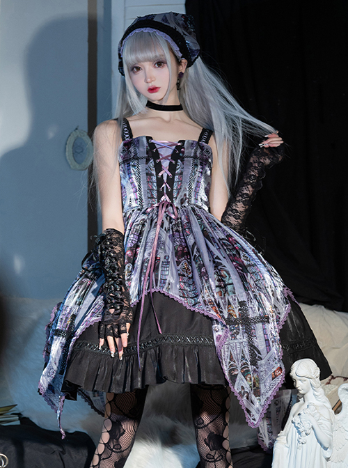 Sweet And Cool Purple Personalized Dark Pattern Print Irregular Hem Design Cross Strap Decoration Gothic Lolita Sleeveless Dress