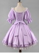 Classic Lolita Solid Color Vertical Pattern Design Pleated Ruffle Neckline Bow Knot Decoration Short Sleeve Dress