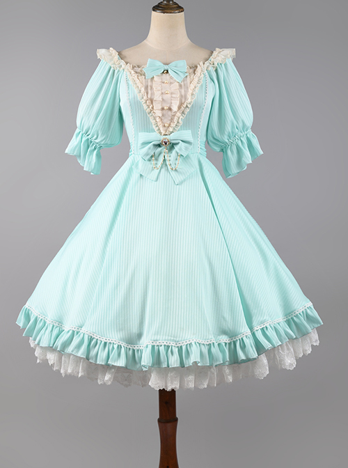 Classic Lolita Solid Color Vertical Pattern Design Pleated Ruffle Neckline Bow Knot Decoration Short Sleeve Dress