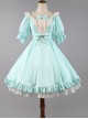 Classic Lolita Solid Color Vertical Pattern Design Pleated Ruffle Neckline Bow Knot Decoration Short Sleeve Dress