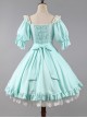 Classic Lolita Solid Color Vertical Pattern Design Pleated Ruffle Neckline Bow Knot Decoration Short Sleeve Dress
