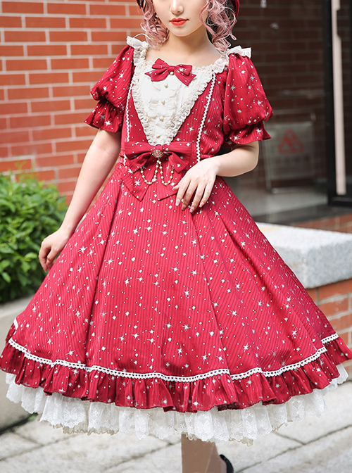 Classic Lolita Retro Solid Color Star Shape Embellishment Design Pleated Neckline Bow Knot Decoration Short Sleeve Dress