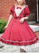 Classic Lolita Retro Solid Color Star Shape Embellishment Design Pleated Neckline Bow Knot Decoration Short Sleeve Dress